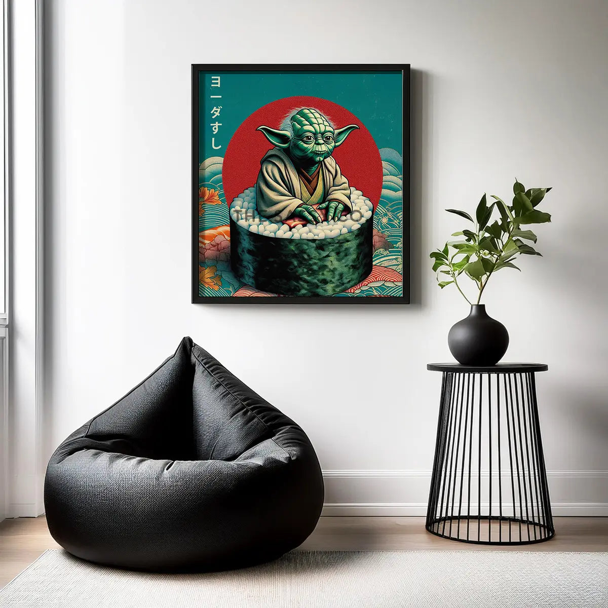 Funny Yoda wall art styled as sushi, minimalist Japanese pop art canvas painting for Star Wars fans and gamers. Star wars inspired wall art decor artwork poster for office, game room, bedroom decor. 