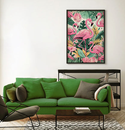 Modern pink flamingo, tropical animal wall art painting canvas print, framed print for bedroom, living room, home decor