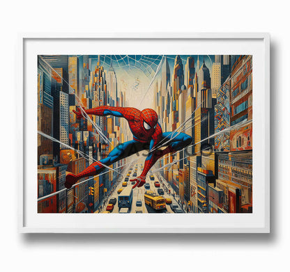 a blue, red canvas wall art painting of Spiderman in the city. Spider man superhero artwork wall art painting canvas print, framed art print for bedroom, game room wall decor, kid's room decor. Modern wall art decor for Indian homes.