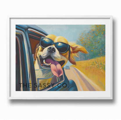 Funny dog car ride wall art painting canvas print, framed print for living room, bedroom, home decor