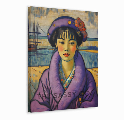 Vintage style Japanese woman purple wall art painting canvas & framed print for living room and home decor 