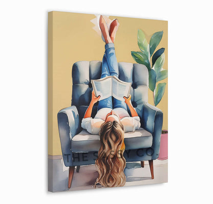 Woman reading book on couch, watercolor wall art painting canvas print, framed print for bedroom, living room, home decor