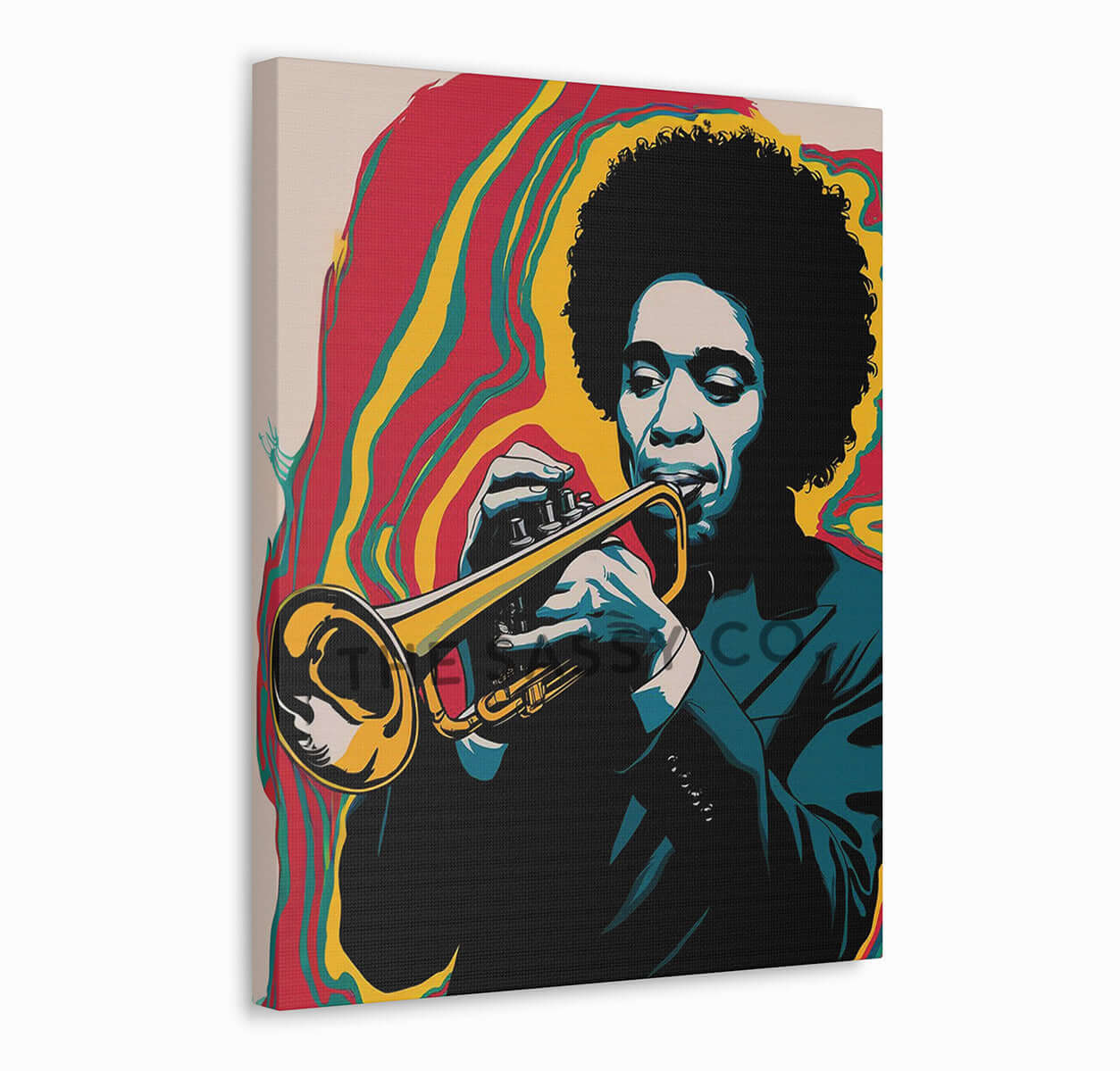 Retro pop art style, red yellow, blue jazz music wall art painting canvas & framed print for living room, home decor