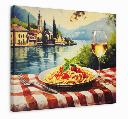 Italy style inspired, Lake Como, Spaghetti, Wine travel wall art painting canvas print, framed wall artwork print for Kitchen wall, Dining room and modern Indian home wall decor.