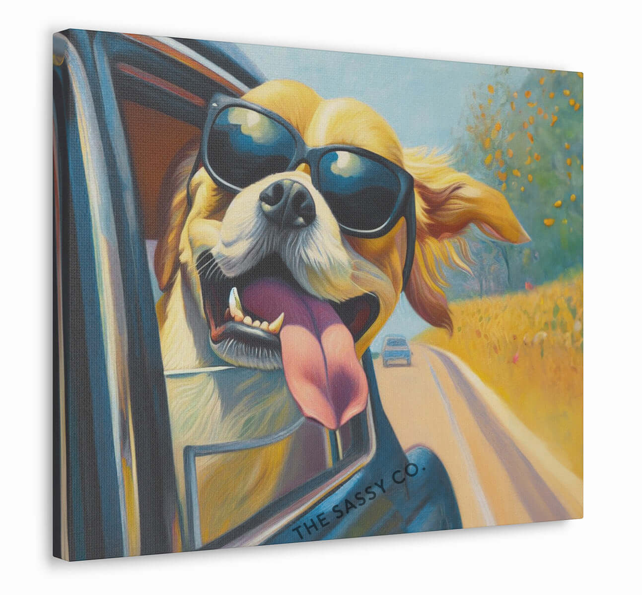 Funny dog car ride wall art painting canvas print, framed print for living room, bedroom, home decor