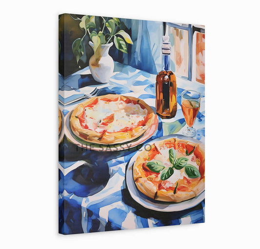 A blue, red watercolor wall art canvas painting print of Neapolitan pizzas on a table. Italy inspired wall art decor. Modern artistic wall painting for Kitchen, dining room wall decor. Italian style wall artwork.