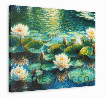 Floral white Lotus pond, Botanical wall art painting canvas & framed print for bedroom, living room, home decor