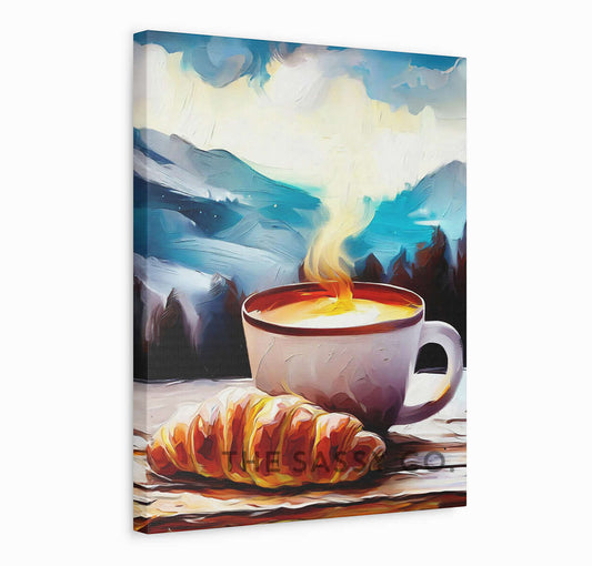 Coffee Croissant against a backdrop of mountains, cold winter, Cafe Style Wall art painting, canvas & framed print for Kitchen, Dining, home decor