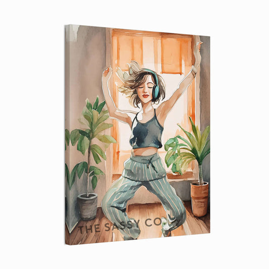 an orange, brown, green boho style watercolor modern Woman dancing with headphones, wall art painting canvas gallery wrap, framed artwork print for bedroom wall and modern Indian home boho wall art decor