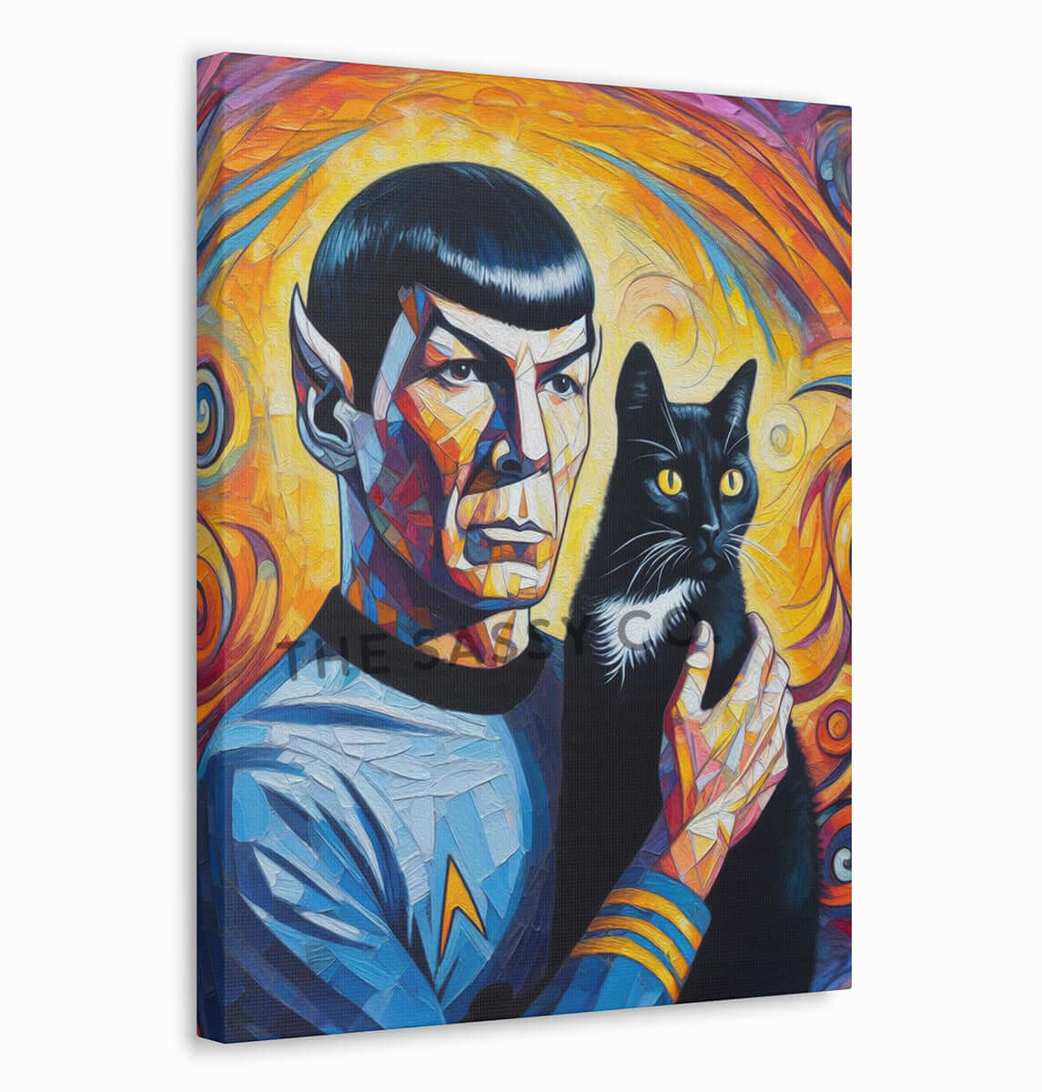 Colorful Star Trek inspired, Spock with cat wall art painting canvas print, framed print for bedroom, gaming room decor