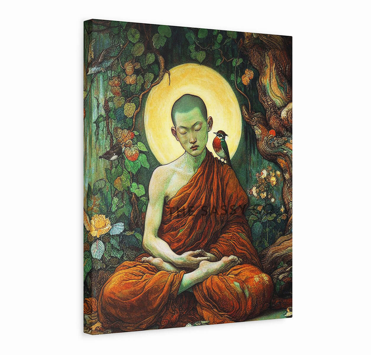 Buddhist monk meditating wall art painting canvas print, framed print for living room, bedroom, home decor