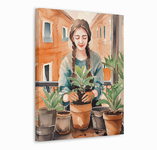 Woman gardening boho watercolor style wall art painting canvas print, framed print for bedroom, living room, home decor