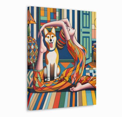 Woman doing yoga, happy pet dog, colorful wall art painting canvas & framed print for bedroom, living room, home decor