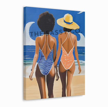 Boho Style women at the beach wall art painting canvas print, framed print for bedroom, living room, home decor