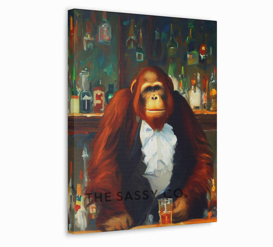 Vintage style, Animal, Orangutan Bartender Wall Art Painting, Canvas & Framed print for bar, Kitchen, Dining, Home decor