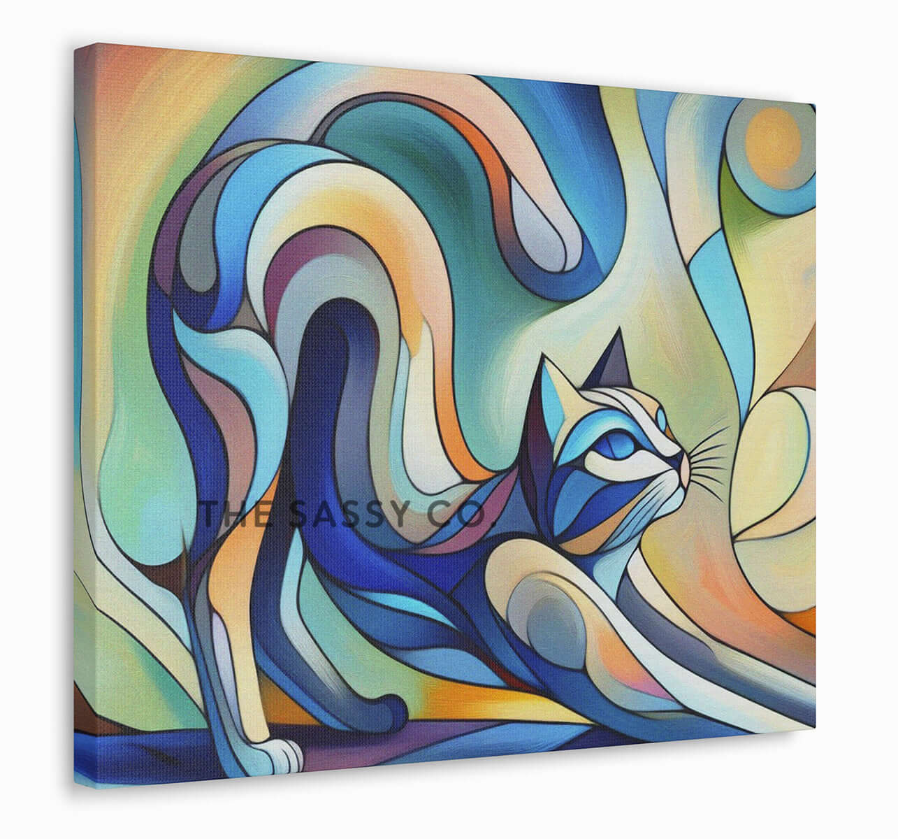 Picasso style modern abstract cat wall art painting, canvas print and framed print for living room and home decor