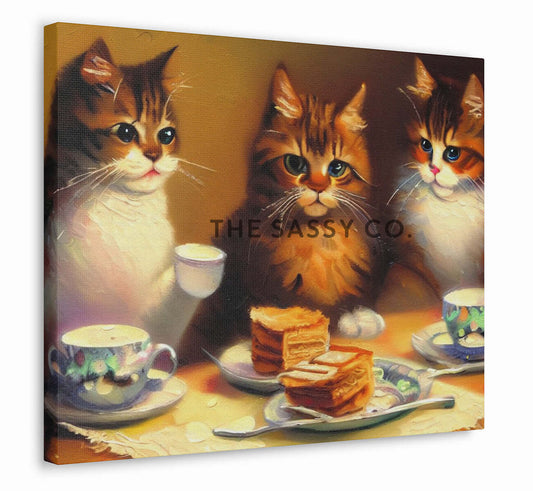 Three cats having a tea party, wall art painting for drawing room. Canvas wall art painting prints, framed art prints for bedroom, living room, home decor. Buy wall art painting online India.