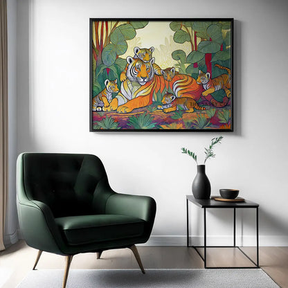 An abstract, modern, aesthetic wall art canvas painting of a Royal Bengal tigress with her cubs. The colorful artwork is perfect for wall art decor. This tribal style art print is a vibrant addition to any living room or home decor. Ideal for wildlife, tiger and nature lovers. Large size wall painting.