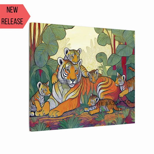 An abstract, modern, aesthetic wall art canvas painting of a Royal Bengal tigress with her cubs. The colorful artwork is perfect for wall art decor. This tribal style art print is a vibrant addition to any living room or home decor. Ideal for wildlife, tiger and nature lovers. Large size wall painting.