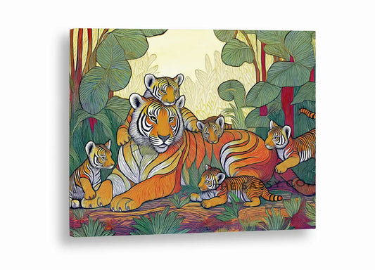 An abstract, modern, aesthetic wall art canvas painting of a Royal Bengal tigress with her cubs. The colorful artwork is perfect for wall art decor. This tribal style art print is a vibrant addition to any living room or home decor. Ideal for wildlife, tiger and nature lovers. Large size wall painting.