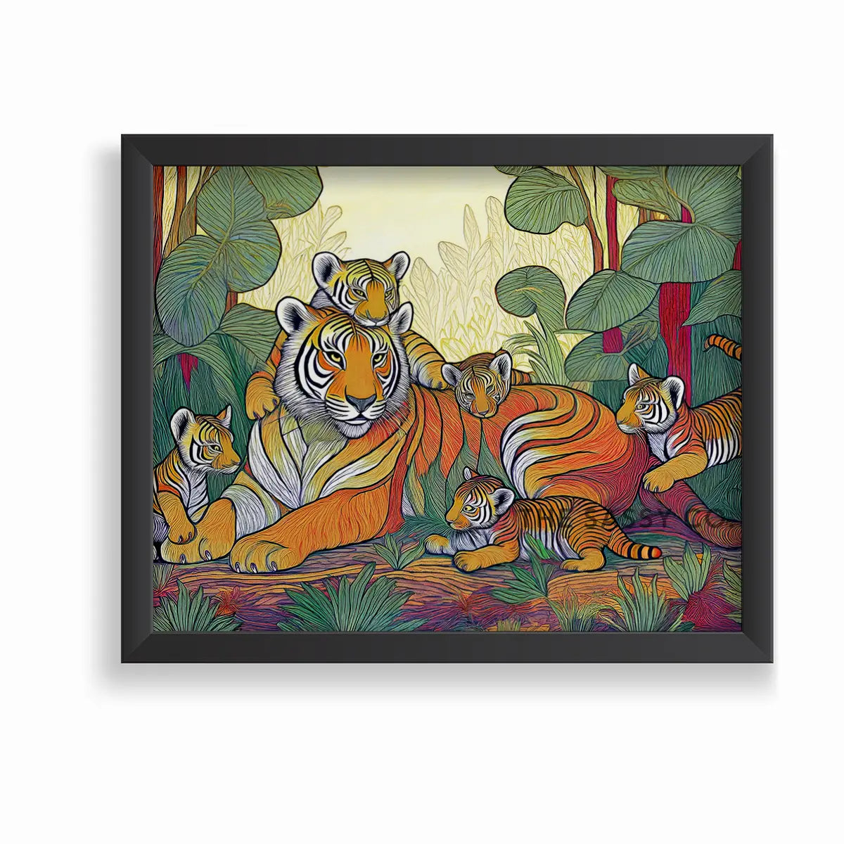An abstract, modern, aesthetic wall art canvas painting of a Royal Bengal tigress with her cubs. The colorful artwork is perfect for wall art decor. This tribal style art print is a vibrant addition to any living room or home decor. Ideal for wildlife, tiger and nature lovers. Large size wall painting. Black framed art.