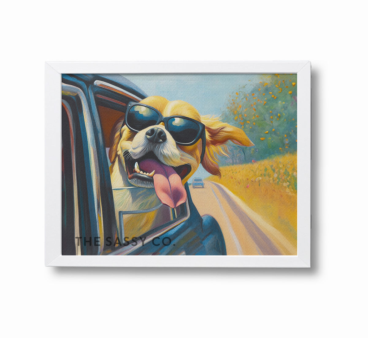 Funny dog car ride wall art painting canvas print, framed print for living room, bedroom, home decor