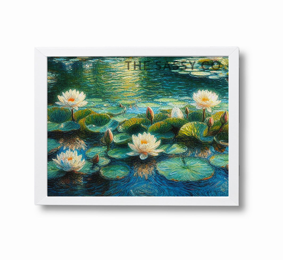 Floral white Lotus pond, Botanical wall art painting canvas & framed print for bedroom, living room, home decor