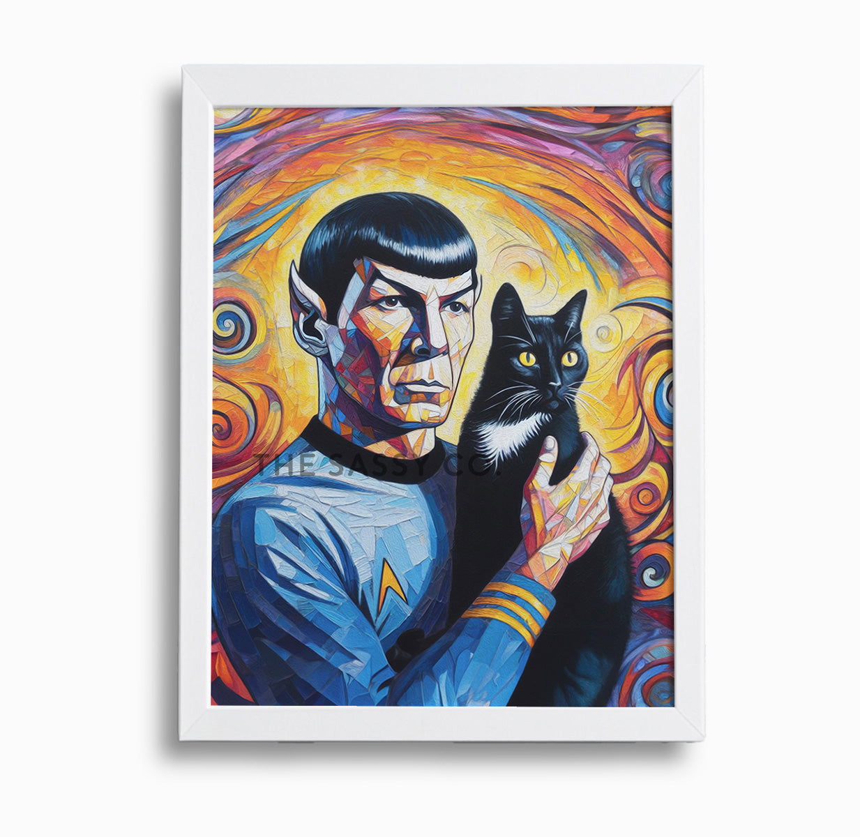 Colorful Star Trek inspired, Spock with cat wall art painting canvas print, framed print for bedroom, gaming room decor