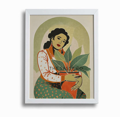 Boho style Woman with Plant Sage green wall art painting canvas print, framed print for bedroom, living room, home decor