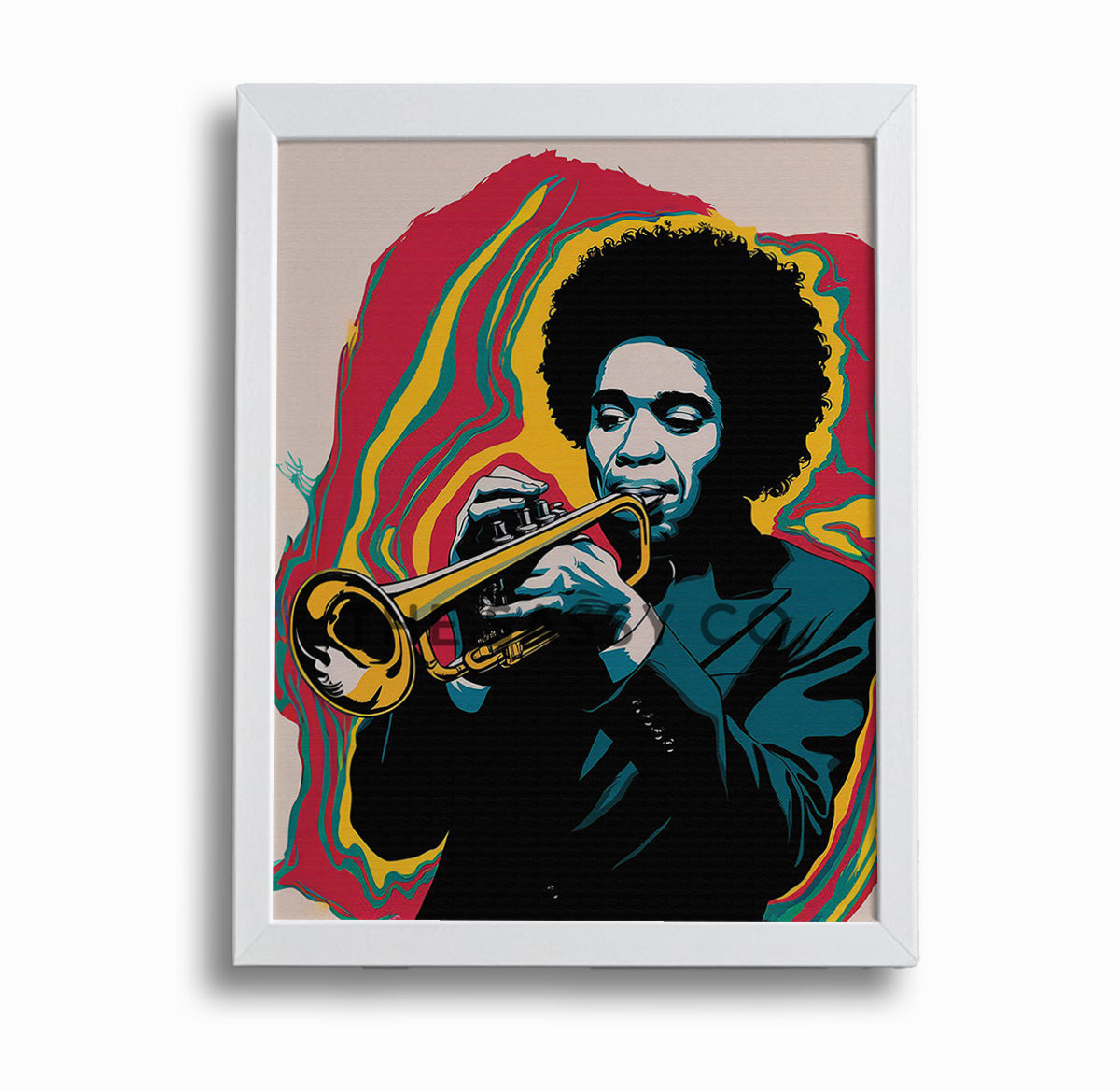 Retro pop art style, Boho, red yellow, blue jazz music wall art painting canvas & framed print for living room, bedroom, home decor