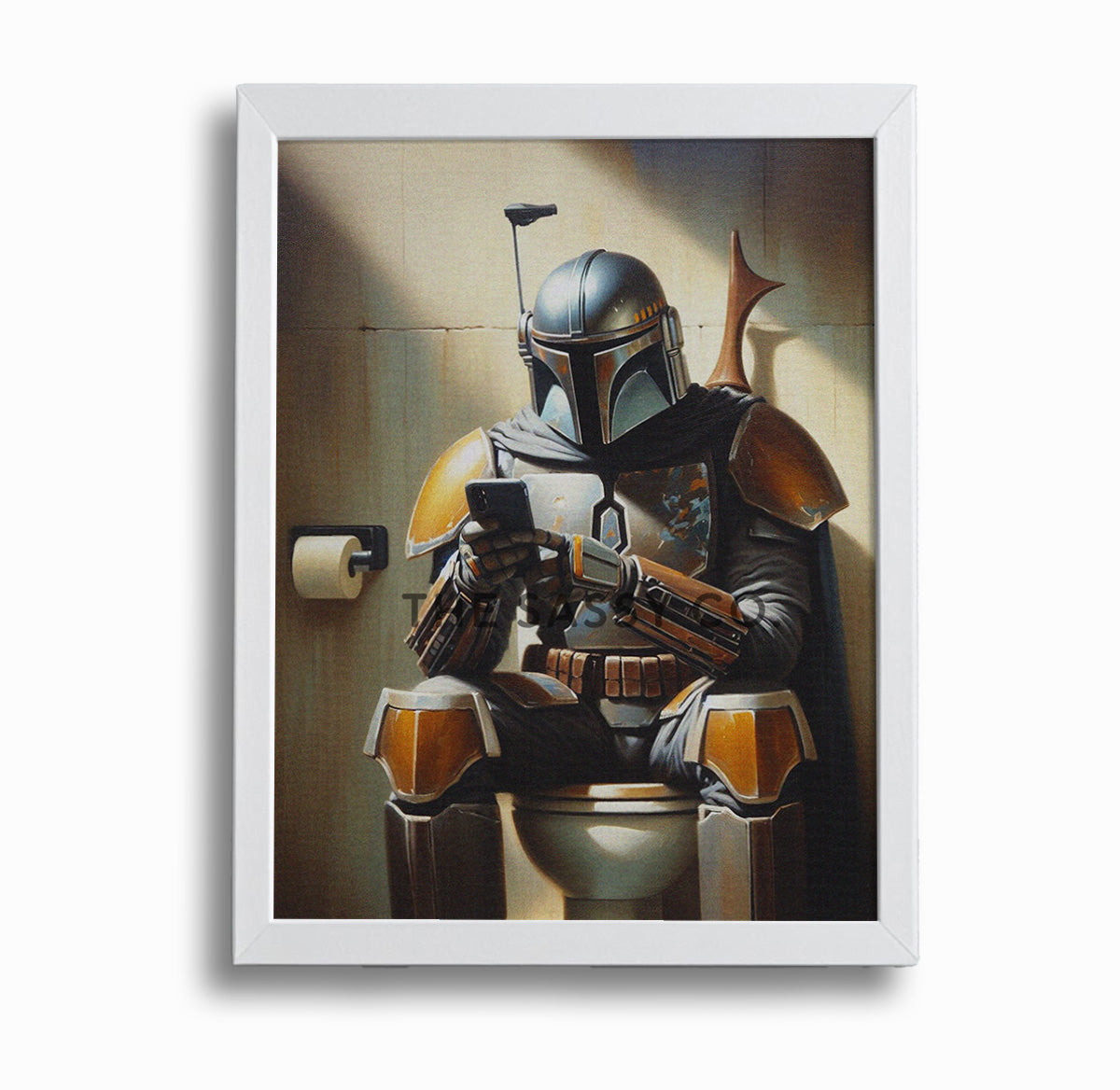 Star Wars inspired, Funny Mandalorian bathroom wall art painting canvas, framed print for bathroom decor