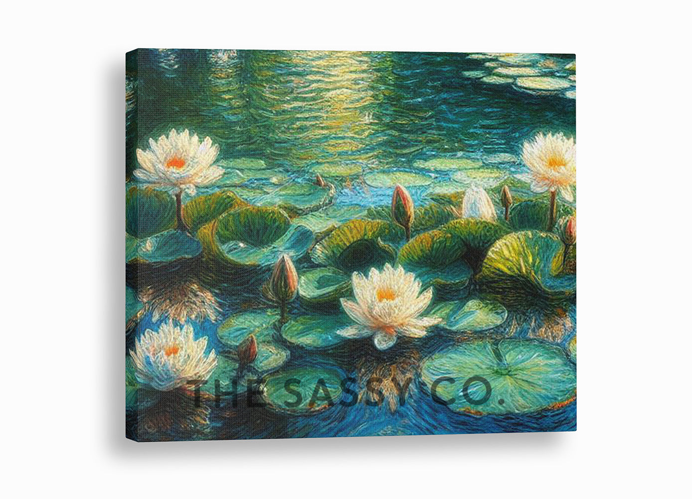 Floral white Lotus pond, Botanical wall art painting canvas & framed print for bedroom, living room, home decor