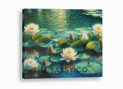 Floral white Lotus pond, Botanical wall art painting canvas & framed print for bedroom, living room, home decor