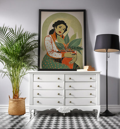 Boho style Woman with Plant Sage green wall art painting canvas print, framed print for bedroom, living room, home decor