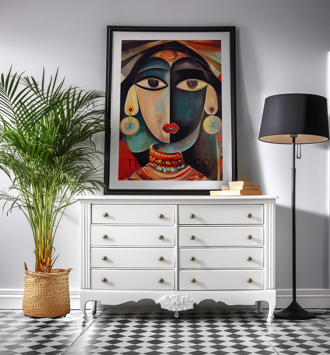 Picasso Style Indian Woman Abstract Wall Art Painting canvas print, framed print for living room and home decor
