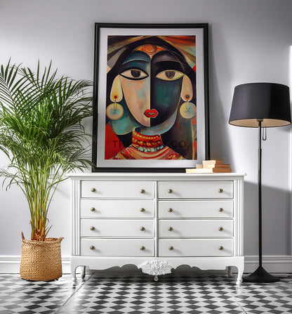 Picasso Style Indian Woman Abstract Wall Art Painting canvas print, framed print for living room and home decor