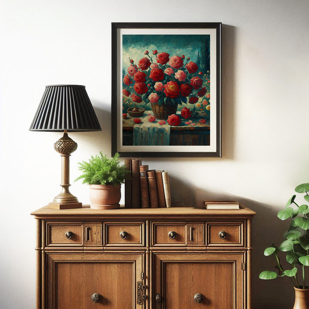 Vintage style Red pink Roses flowers floral botanical oil paint style wall art painting canvas & framed print for bedroom, living room, home decor