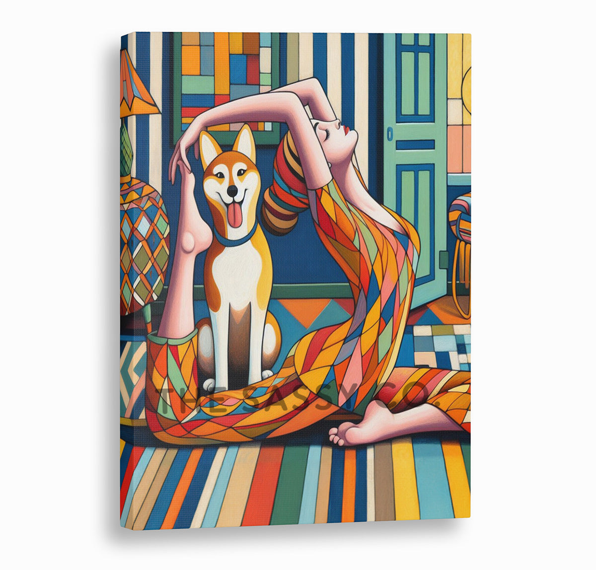 Woman doing yoga, happy pet dog, colorful wall art painting canvas & framed print for bedroom, living room, home decor