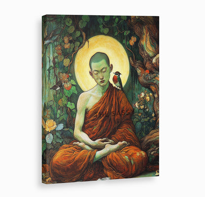 Buddhist monk meditating wall art painting canvas print, framed print for living room, bedroom, home