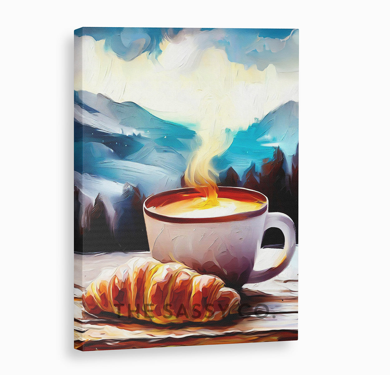 Coffee Croissant against a backdrop of mountains, cold winter, Cafe Style Wall art painting, canvas & framed print for Kitchen, Dining, home decor