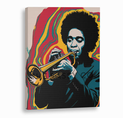 Retro pop art style, red yellow, blue jazz music wall art painting canvas & framed print for living room, home decor