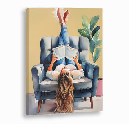 Woman reading book on couch, watercolor wall art painting canvas print, framed print for bedroom, living room, home decor