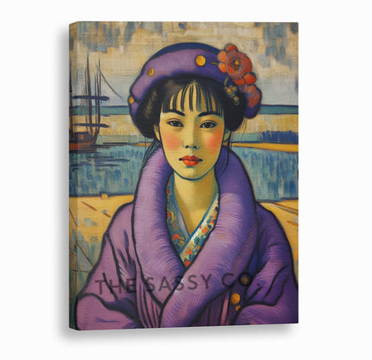 Vintage style Japanese woman purple wall art painting canvas & framed print for living room and home decor 