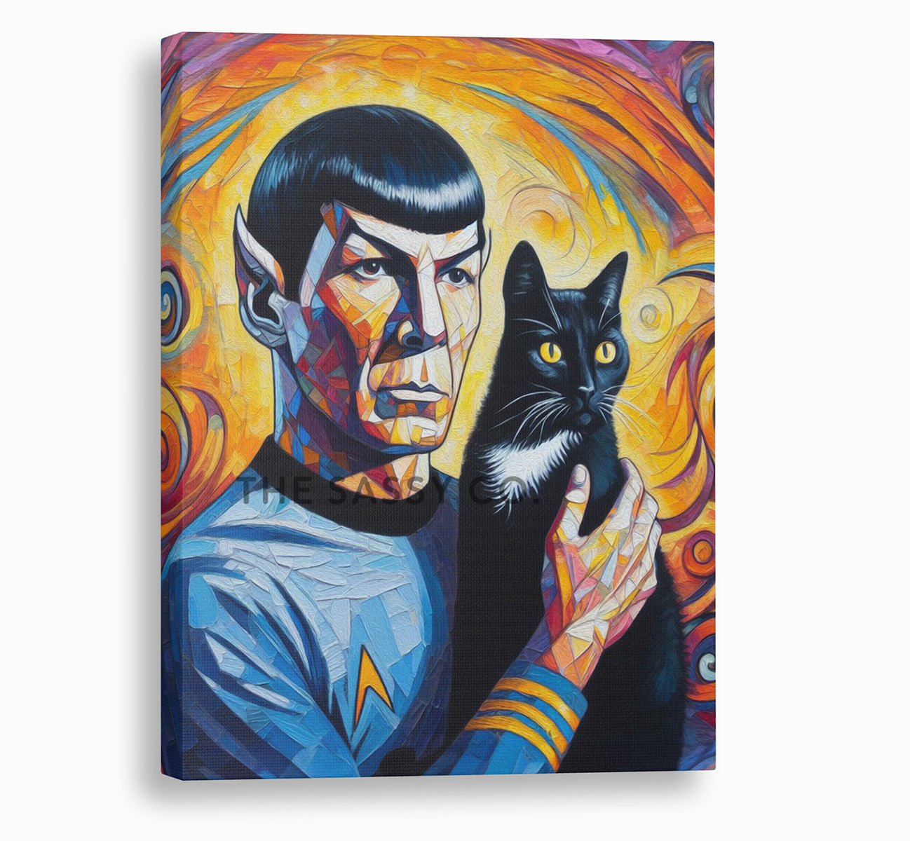 Colorful Star Trek inspired, Spock with cat wall art painting canvas print, framed print for bedroom, gaming room decor