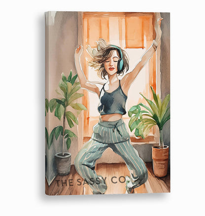 an orange, brown, green boho style watercolor modern Woman dancing with headphones, wall art painting canvas gallery wrap, framed artwork print for bedroom wall and modern Indian home boho wall art decor