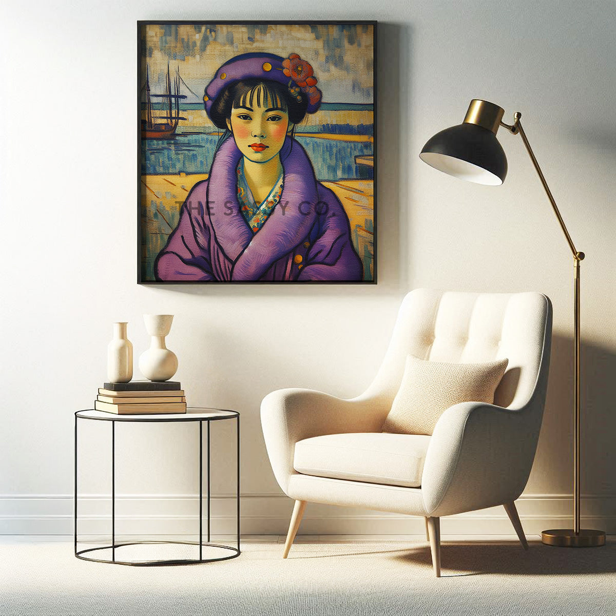 Vintage style Japanese woman purple wall art painting canvas & framed print for living room and home decor 