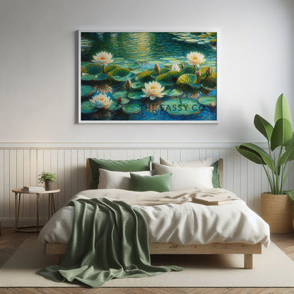 Floral white Lotus pond, Botanical wall art painting canvas & framed print for bedroom, living room, home decor