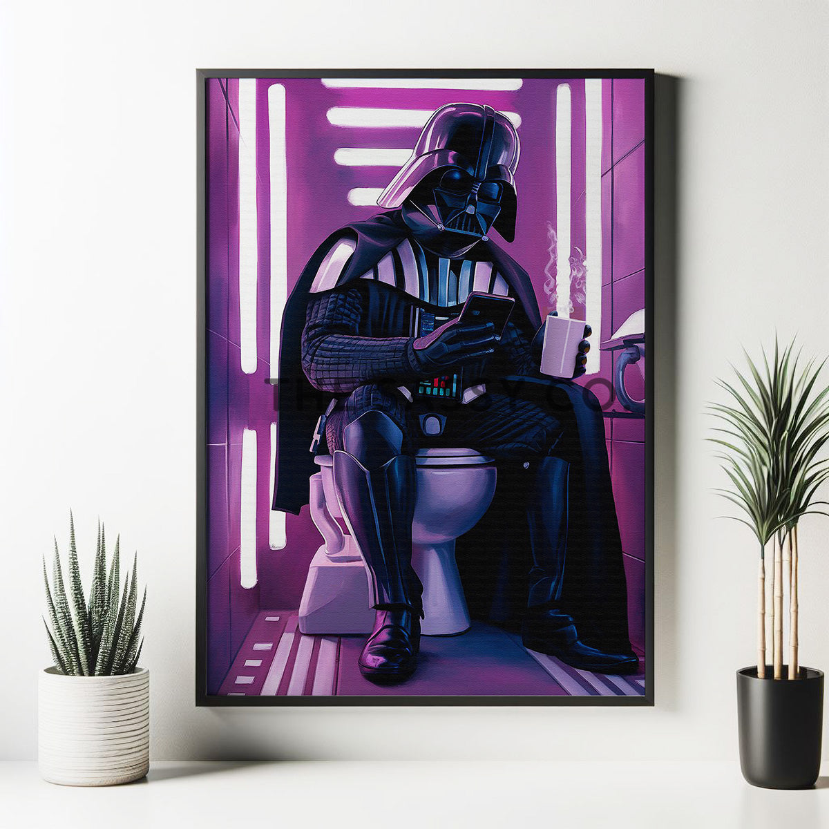 Star Wars inspired, Pink Neon Darth Vader bathroom wall art painting canvas, framed print for bathroom decor