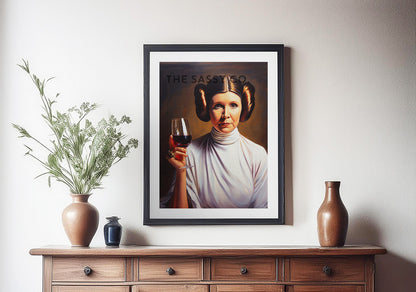 Star Wars inspired, Princess Leia with wine wall art painting, canvas & framed print for Kitchen decor, dining decor, bar art, Home decor