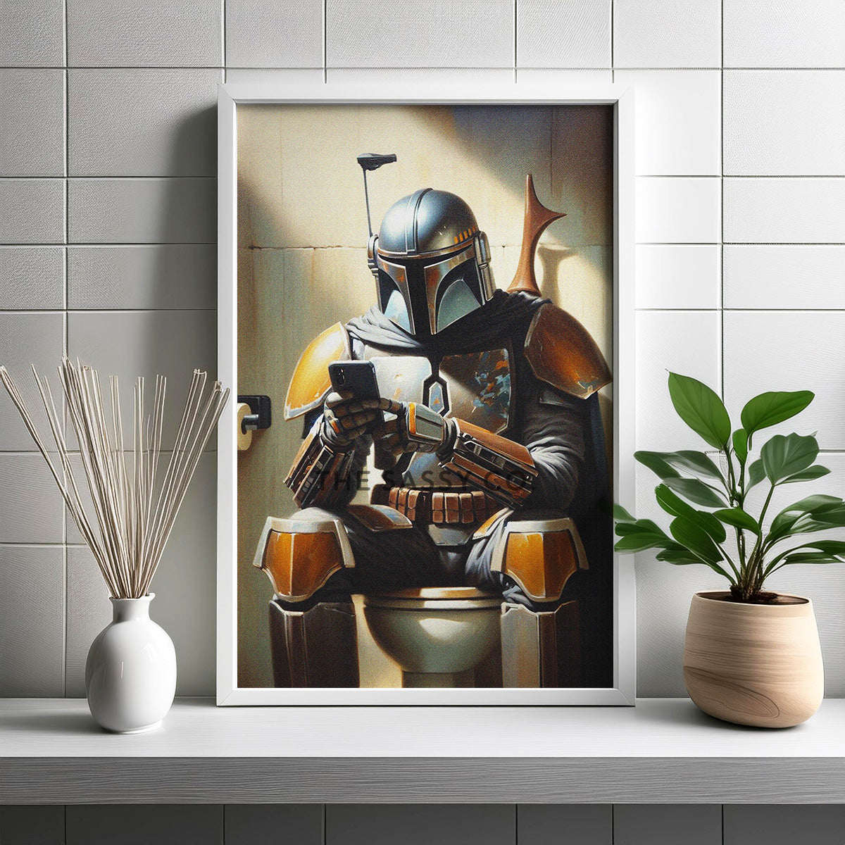 Star Wars inspired, Funny Mandalorian bathroom wall art painting canvas, framed print for bathroom decor